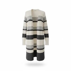 LOFT XS Long Open Front Cardigan Cream Gray Striped Duster Sweater